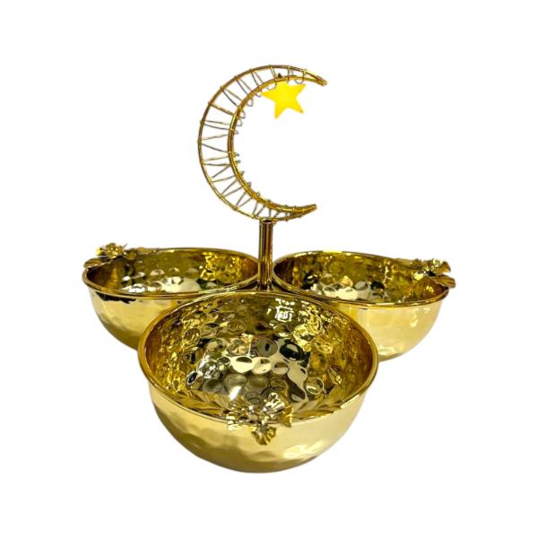 Ramadan & Eid Gold Floral Design Tripple Bowl Serving Tray Stand