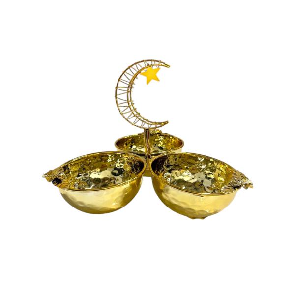 Ramadan & Eid Gold Floral Design Tripple Bowl Serving Tray Stand