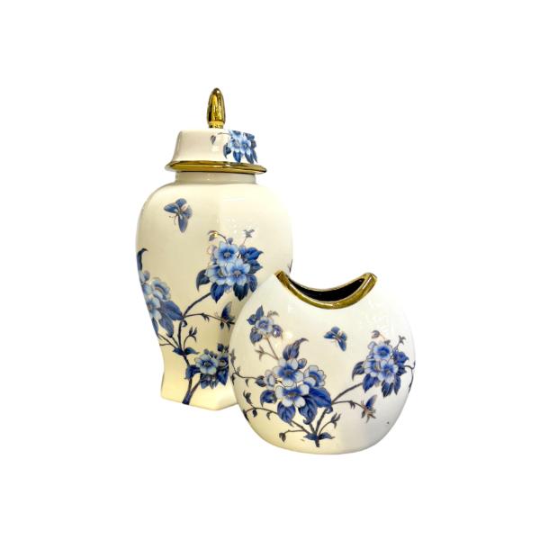 White & Blue Vase With Gold Trim - 20cm x 8cm x 20cm