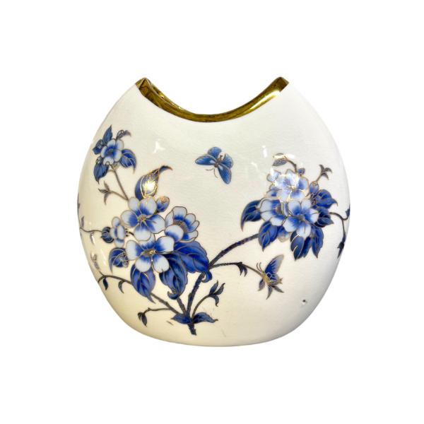 White & Blue Vase With Gold Trim - 20cm x 8cm x 20cm