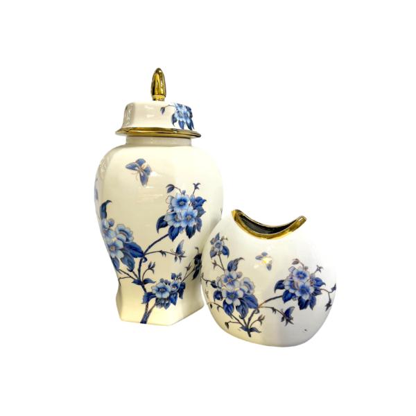 White & Blue Vase With Gold Trim - 20cm x 8cm x 20cm