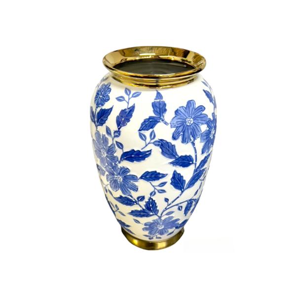 White & Blue Vase With Gold Trim - 19cm x 30cm