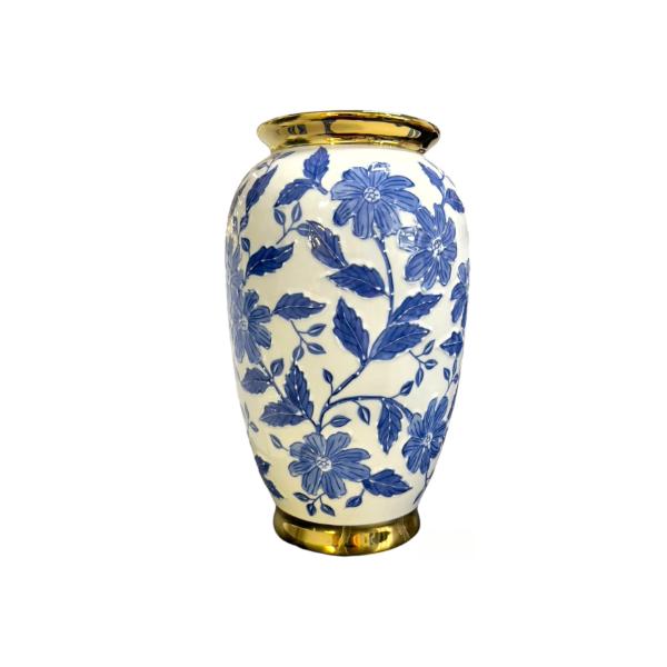 White & Blue Vase With Gold Trim - 19cm x 30cm