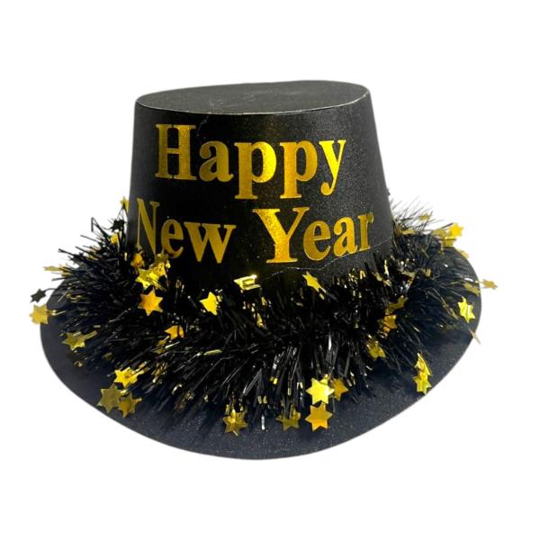 Round Gold Or Silver Happy New Year Hat With Tinsel