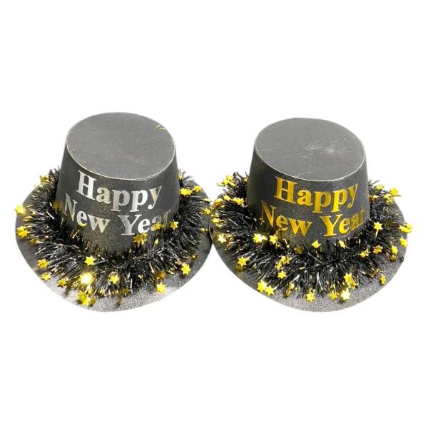 Round Gold Or Silver Happy New Year Hat With Tinsel