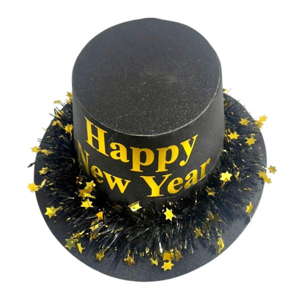 Round Gold Or Silver Happy New Year Hat With Tinsel