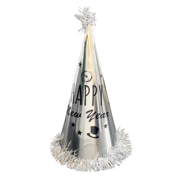 Gold Or Silver Tall NYE Party Hat With Tinsel - 34cm