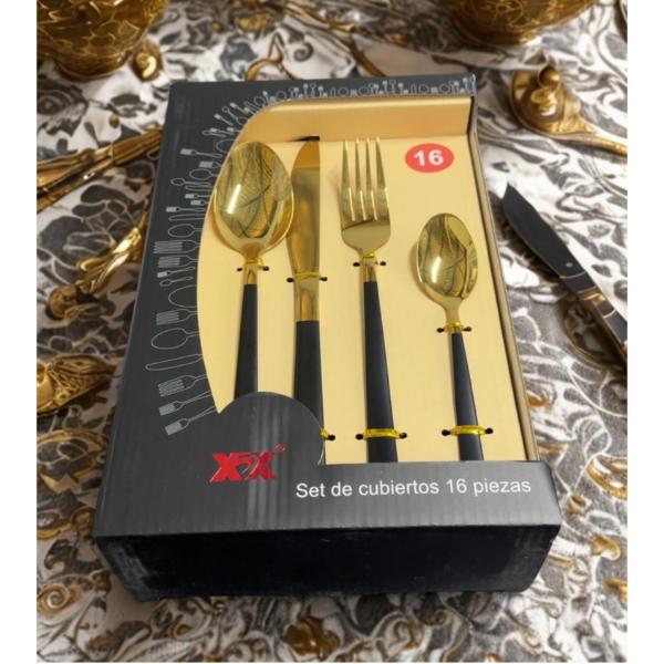 16 Pack Black & Gold Cutlery Box Set