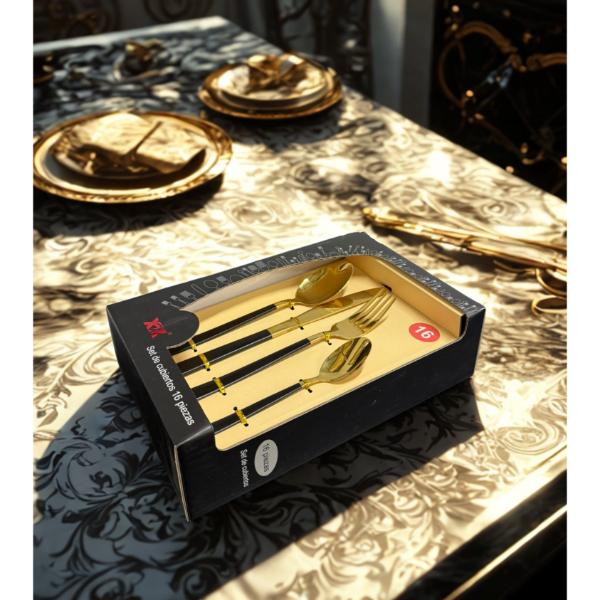 16 Pack Black & Gold Cutlery Box Set