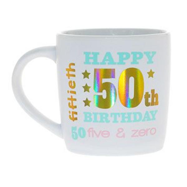 Ceramic Happy 50th White Gold Foil Mug - 350ml