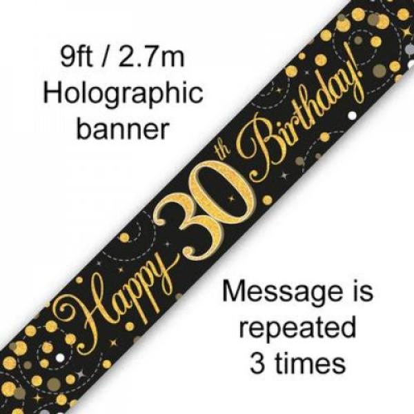 Black & Gold Sparkling Fizz Happy 30th Birthday Banner - 270cm