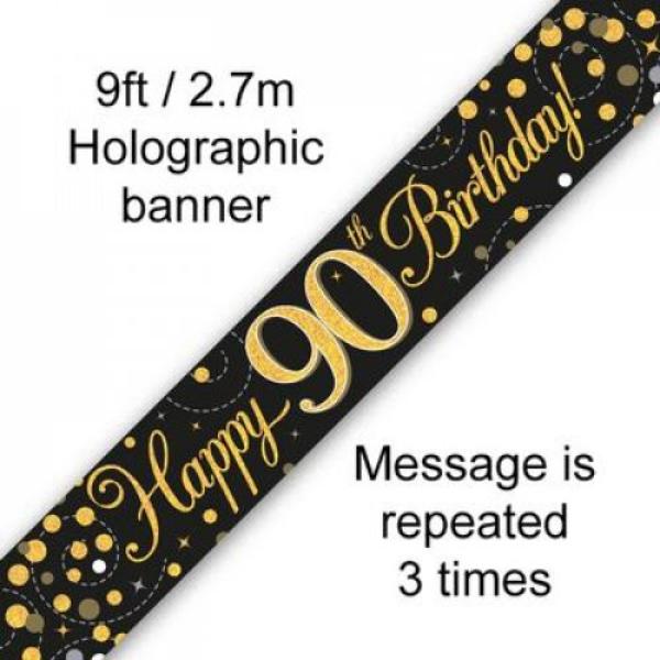 Black & Gold Sparkling Fizz Happy 90th Birthday Banner - 270cm