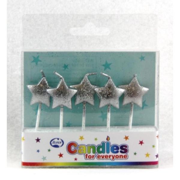 5 Pack Silver Glitter Star Candles