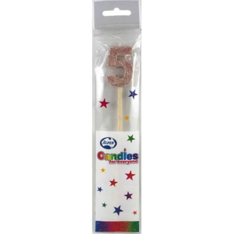 Rose Gold Glitter Long Stick Number 5 Candle
