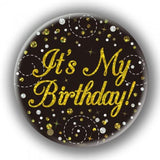Load image into Gallery viewer, Black &amp; Gold Sparkling Fizz 90 Birthday Badge - 7.5cm
