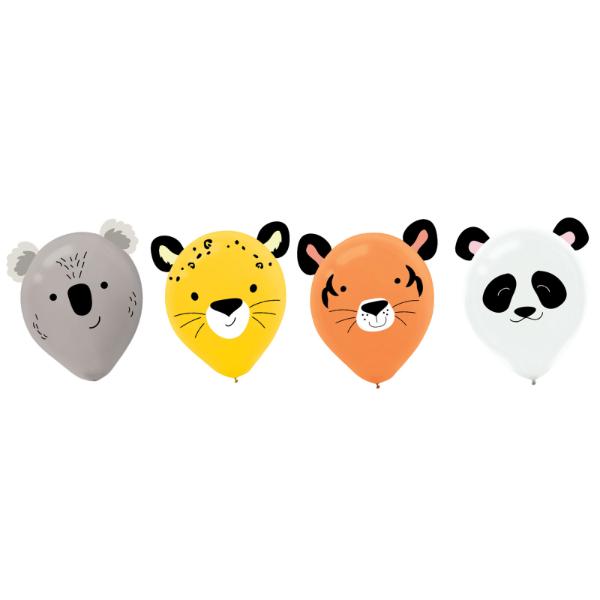 6 Pack Get Wild Jungle Animals Latex Balloons & Paper Adhesive Add Ons - 30cm