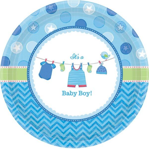 8 Pack Round Baby Boy Paper Plates - 26cm