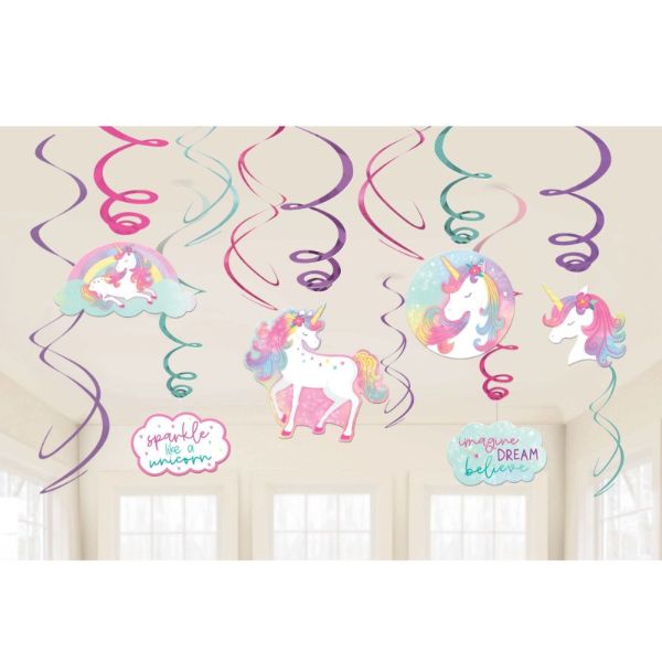 12 Pack Enchanted Unicorn Spiral Swirls Hanging Decorations - 12cm x 17cm