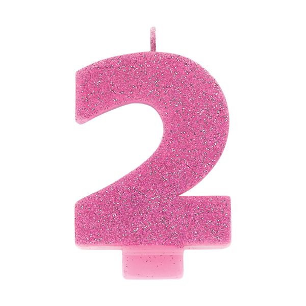 Pink Glittered Numerical 2 Candle - 8cm