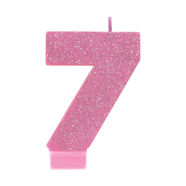 Pink Glittered Numerical 7 Candle - 8cm
