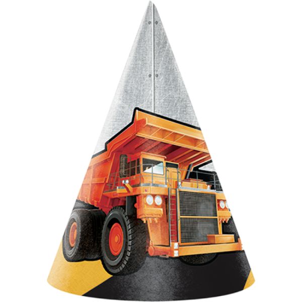 8 Pack Big Dig Construction Cone Shaped Party Hats - 16cm x 11cm