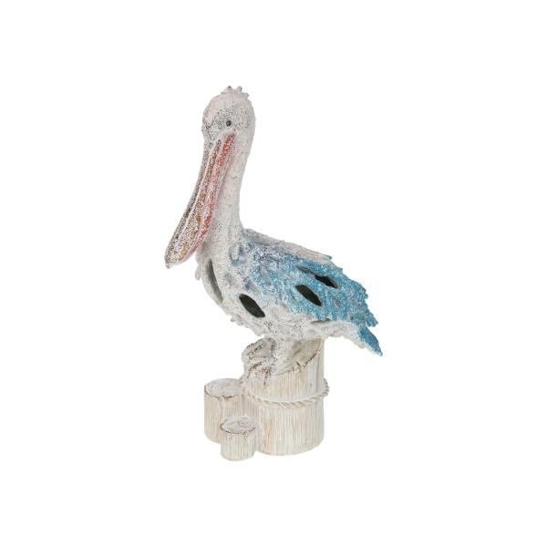 Standing Pelican On Log With Blue & White Coral Design - 35cm