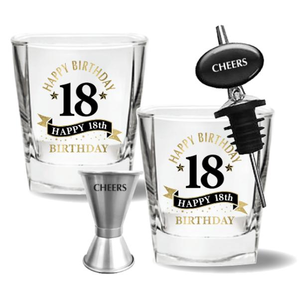 4 Pack Happy Birthday 18th Spirit Glass Gift Set