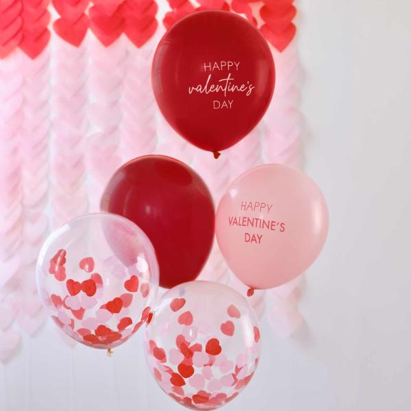 5 Pack Red & Pink Happy Valentines Day Latex Balloons - 30cm