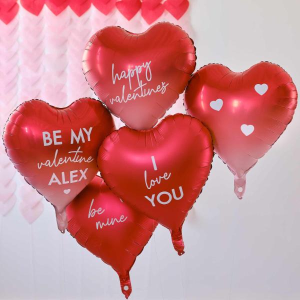 5 Pack Assorted Valentines Heart Foil Balloons With Stickers - 45cm