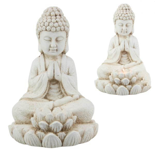 Cream Rulai Buddha With Lotus Tealight - 32cm