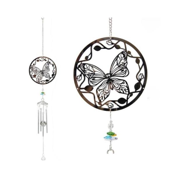 Silver Butterly Wind Chime With Crystals - 78cm