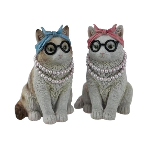 Sitting Cat With Glasses & Pearls - 19cm