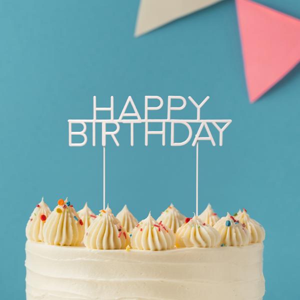 Pearl White Metal Happy Birthday Cake Topper