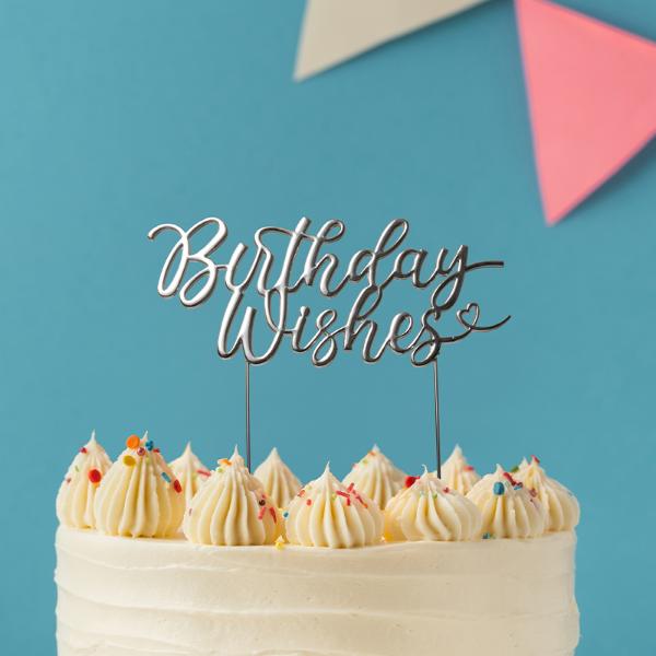 Silver Metal Birthday Wishes Cake Topper