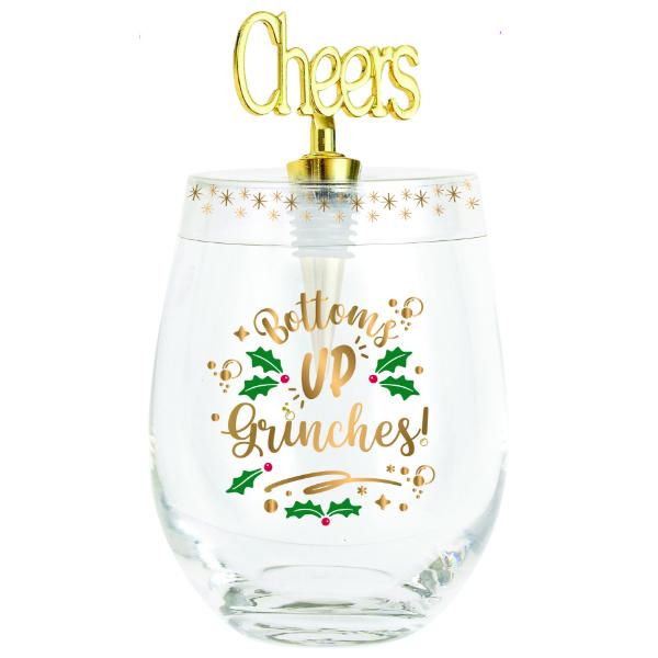 Bottoms Up Grinches Stemless With Cheers Stopper - 600ml