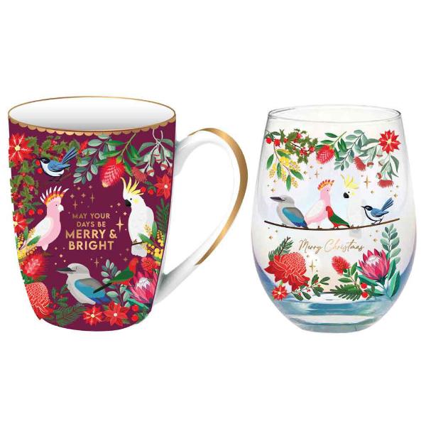 Aussie Bush Christmas Wine 400ml Mug And 600ml Seamless Glass Gift Set