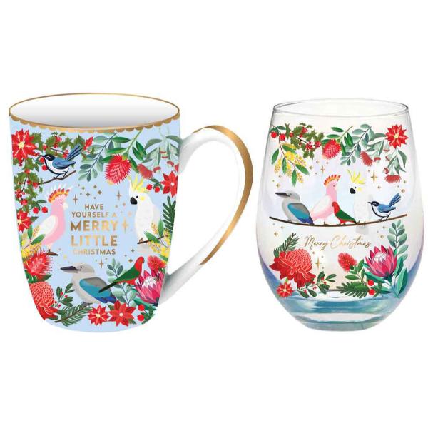 2 Pack Aussie Bush Christmas Powder Blue 400ml Mug & 600ml Stemless Glass Gift Set