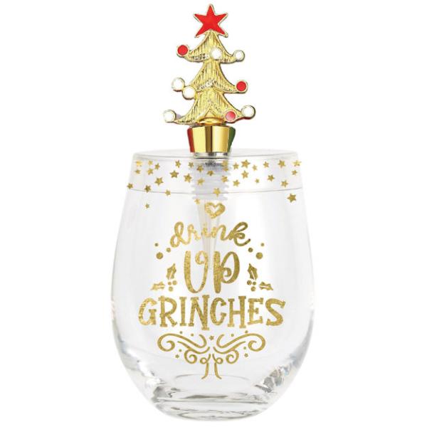 Drink Up Grinches Stemless Glass With Stopper