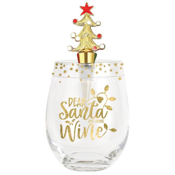 Dear Santa Just Bring Wine Stemless Glass With Stopper