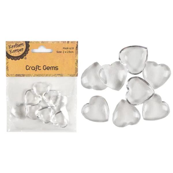 8 Pack Clear Heart Gems Craft - 2.5cm