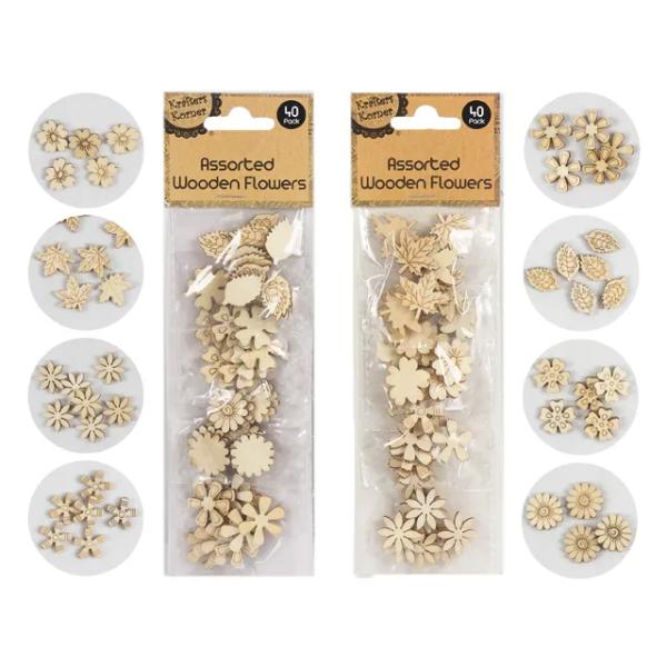 40 Pack Assorted Natural Wooden Flowers