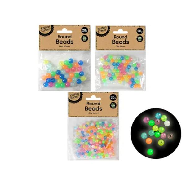 Glow In The Dark Round Beads - 20g Assorted