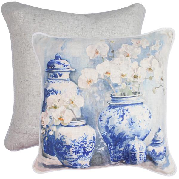 Blue Pots Linen Cushion - 50x50cm