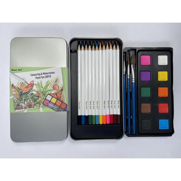 25 Piece Colouring & Watercolour Paint In Tin Box