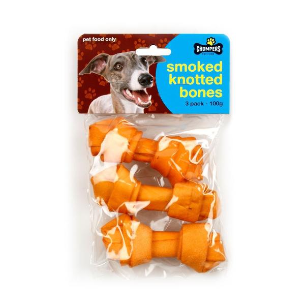 3 Pack Chompers Dog Mini Smoked Knotted Bones - 100g
