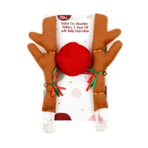 Christmas Car Reindeer Antlers & Nose Set With Bells