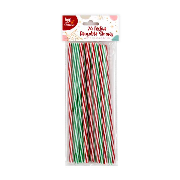 24 Pack Christmas Straws With Cleaning Brush - 25cm