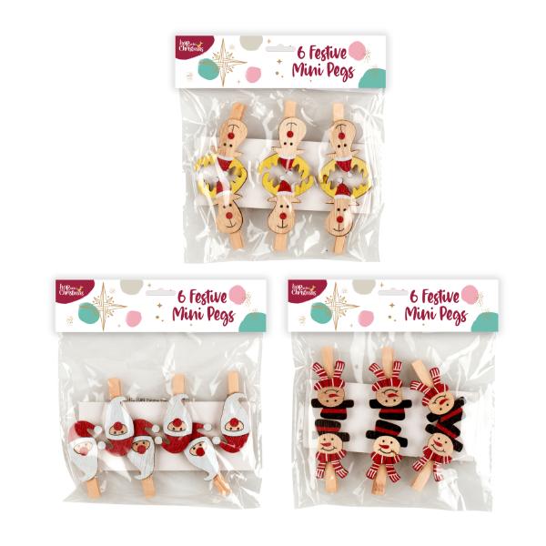 6 Pack Christmas Mini Pince Pegs