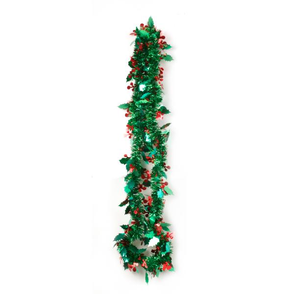 Christmas Tinsel Garland With Holly Berries & Leaves - 200cm