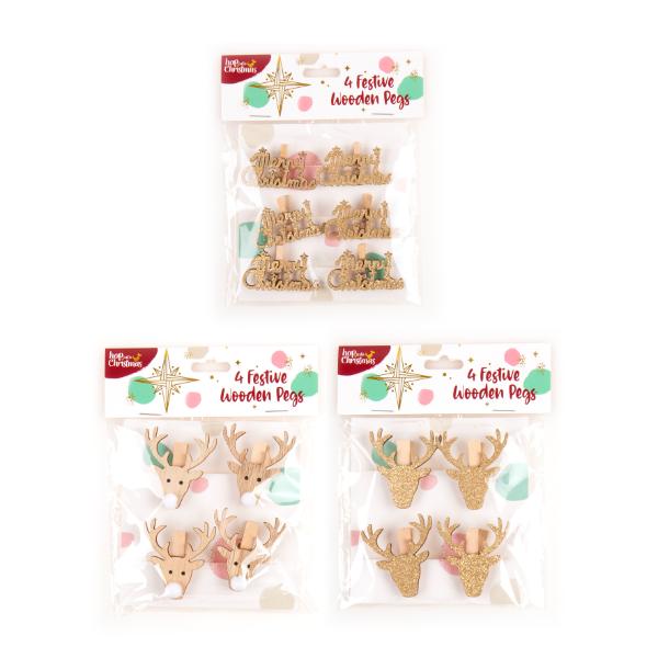 4 Pack Christmas Mini Wooden Pegs